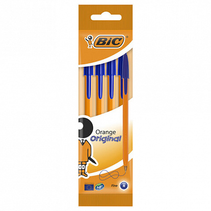 Ручки шариковые BIC "Orange Original Fine", НАБОР 4 шт., СИНИЕ, узел 0,8 мм, линия письма 0,3 мм, пакет, 8308521