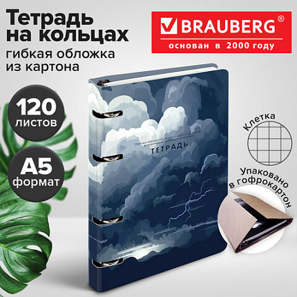 Тетрадь на кольцах А5 160х212 мм, 120 листов, картон, матовая ламинация, клетка, BRAUBERG, "Clouds", 404726