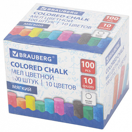 Мел цветной круглый мягкий 100 штук, 10 цветов, BRAUBERG, картонная упаковка, 272769