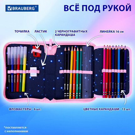 Пенал BRAUBERG с наполнением, 1 отделение, 1 откидная планка, 24 предмета, 21х14 см, "Кот с бабочками", 273530
