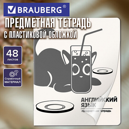Тетрадь предметная КОТ-НЕПОСЕДА 48л, пластиковая обложка, АНГЛИЙСКИЙ ЯЗЫК, клетка, подсказ, BRAUBERG, 405529