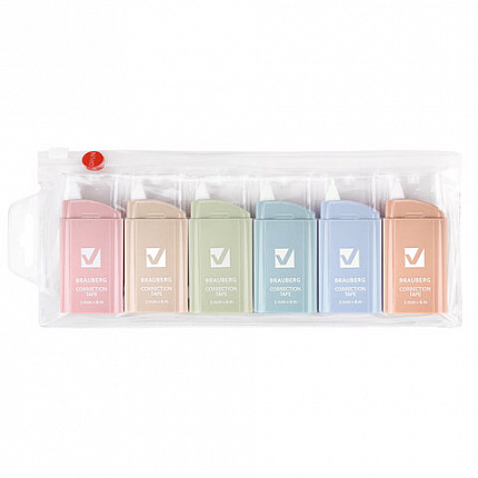 Корректирующая лента BRAUBERG COMPACT PASTEL, 5 мм х 6 м, КОМПЛЕКТ 6 штук, пенал с zip-lock, 272496