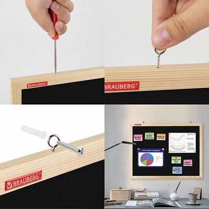 Доска для мела магнитная 60х90 см, черная, деревянная рамка, BRAUBERG "Wood", 238804