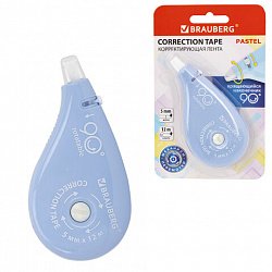 Корректирующая лента BRAUBERG PASTEL 5 мм х 12 м, вращающийся наконечник 90°, механизм перемотки, корпус голубой, блистер, 272488