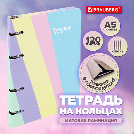 Тетрадь на кольцах А5 160х212 мм, 120 л., картон, матовая ламинация, клетка, BRAUBERG, кросс-серия PASTEL, 405197
