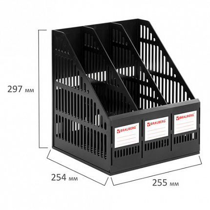 Лоток вертикальный для бумаг BRAUBERG "SMART-MAXI" (254х255х297 мм), 3 отделения, сетчатый, сборный, черный, 231525