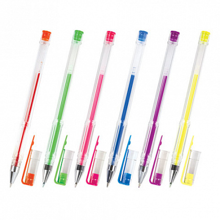 Ручки гелевые ПИФАГОР, НАБОР 6 ЦВЕТОВ, НЕОНОВЫЕ, корпус прозрачный, узел 0,7 мм, линия письма 0,5 мм, 142798