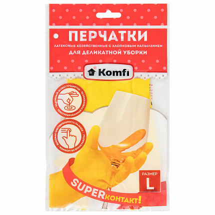 Перчатки МНОГОРАЗОВЫЕ латексные "Для деликатной уборки", размер 8-9, L (большой), вес 29 г, KOMFI, DGL018L