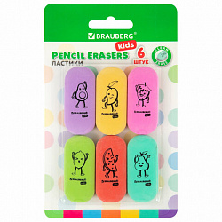 Ластики BRAUBERG KIDS "Fruits", НАБОР 6 штук, 50х23х10 мм, овальные, ассорти, 272669