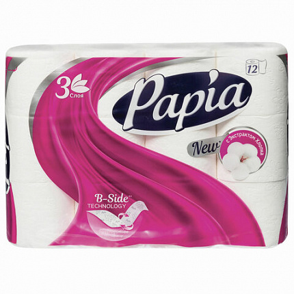 Бумага туалетная бытовая, спайка 12 шт., 3-слойная (12х16,8 м), PAPIA, белая, 5058531