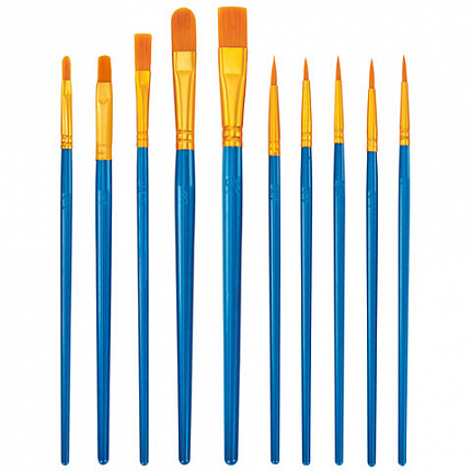 Кисти набор 10 шт., синтетика, синие, № 2/0-8 (Круглые; Овальные; Плоские; Лайнеры), WBZ, 201085