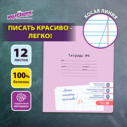 Тетрадь УЧУСЬ ПИСАТЬ № 4 12 л. косая линия, со справочным материалом, обложка картон, ЮНЛАНДИЯ, 404851