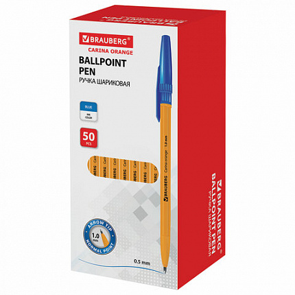 Ручка шариковая BRAUBERG "Carina Orange", СИНЯЯ, корпус оранжевый, узел 1 мм, линия письма 0,5 мм, 141668