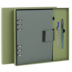 Ежедневник на кольцах в наборе с ручкой А5, 165x229 мм, BRAUBERG "Lux", под кожу, 100 листов, зеленый, 116858