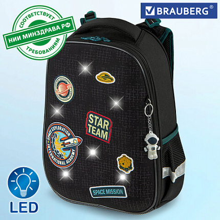 Ранец BRAUBERG PREMIUM, 2 отделения, с брелком, "Space mission", LED ЛАМПОЧКИ, 38х29х16 см, 270599