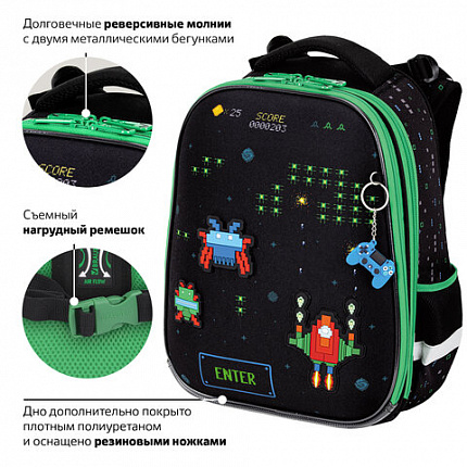Ранец BRAUBERG PREMIUM, 2 отделения, с брелоком, "Атака", патчи на липучках, 38х29х16 см, 273104
