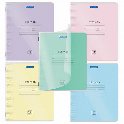 Тетрадь обложка пластик (прозрачный) 12 л., косая линия, BRAUBERG "Smart Cover", АССОРТИ (в спайке), 405024