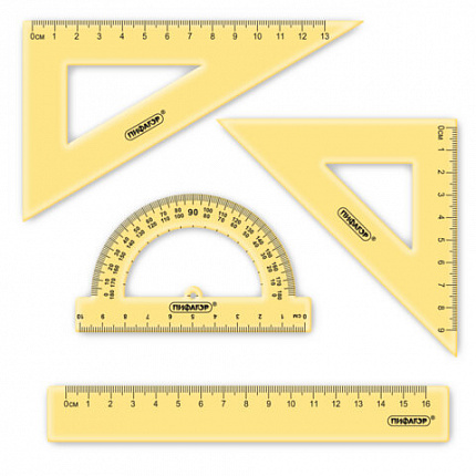 Набор чертежный ПИФАГОР (линейка 16 см, 2 треугольника, транспортир), неоновый, прозрачный, ассорти, 210851