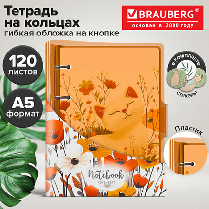 Тетрадь на кольцах А5, 175х215 мм, 120 л., неоновый пластик, клапан, BRAUBERG, оранжевый, 405220
