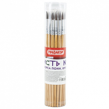 Кисть ПИФАГОР, ПОНИ, круглая, № 4, деревянная лакированная ручка, с колпачком, 200833