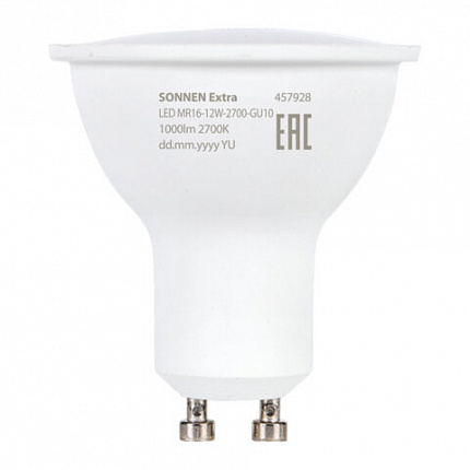 Лампа светодиодная SONNEN EXTRA, 12 (110) Вт, GU10, теплый белый, 30000 ч, LED MR16-GU10-12W-2700, 457928