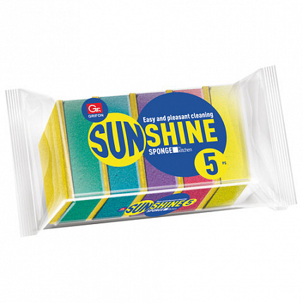 Губки для посуды 80х56х27 мм, КОМПЛЕКТ 5 шт., поролон/абразив, "Sunshine", GRIFON, 910-004