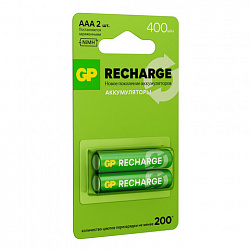 Батарейки аккумуляторные GP ReCharge Ni-Mh мизинчиковые КОМПЛЕКТ 2 шт., ААА (HR03) 400 mAh, 40AAAHCV, 40AAAHCV-2CRSB