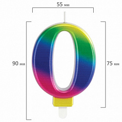 Свеча-цифра для торта "0" "Радужная", 9 см, ЗОЛОТАЯ СКАЗКА, с держателем, в блистере, 591433