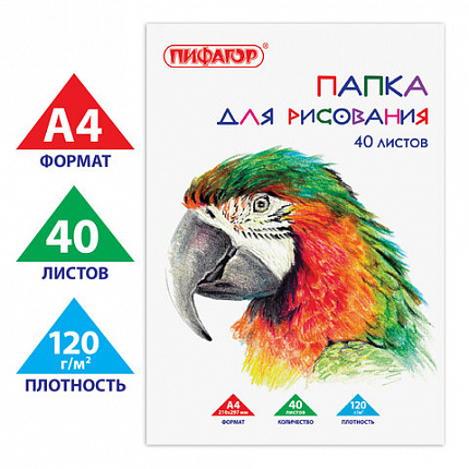 Папка для рисования, А4, 40 л., 120 г/м2, ПИФАГОР, 210х297 мм, "Попугай", 129222