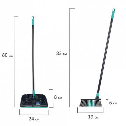 Совок для мусора КОМПЛЕКТ щетка + 2 рукоятки 80 см и 83 см с резьбой, пластиковые, "ЛЕНИВКА", бирюзово-серый, LAIMA, 700055