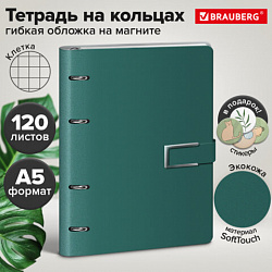Тетрадь на кольцах А5, 180х220 мм, 120 л., под кожу soft-touch, застежка, BRAUBERG, МОРСКОЙ, 405248