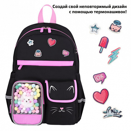 Рюкзак BRAUBERG PASTEL с термонашивками в комплекте, "Черный котик", 40х29х14 см, 273128