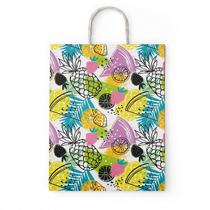 Крафт-пакет бумажный "Фрукты" 26х15х35 см, с кручеными ручками, плотность 100 г/м2, белый, 112252