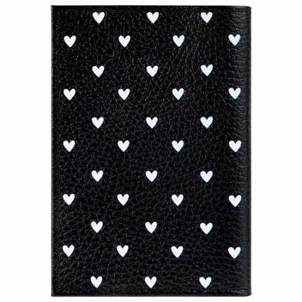 Обложка для паспорта натуральная кожа флоттер, принт "Сердечки", цвет черный, BRAUBERG, 238867