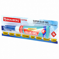 Клей-гель моментальный (суперклей) BRAUBERG "EXTRA", 3 г, УЛЬТРАПРОЧНЫЙ, отрывная мультикарта, 608103