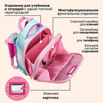 Ранец BRAUBERG SHINY, 2 отделения, с брелоком, "Сказочный единорог", 38х28х14 см, 270694