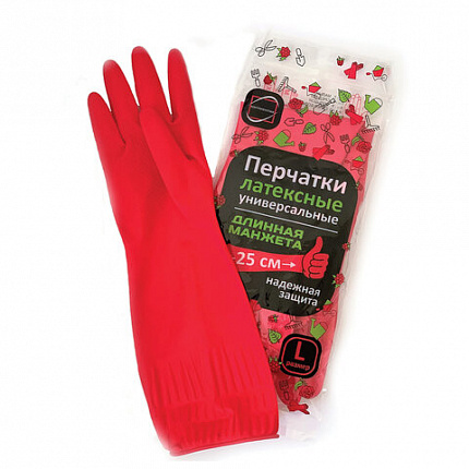 Перчатки МНОГОРАЗОВЫЕ латексные ДЛИННАЯ МАНЖЕТА 25 см КРАСНЫЕ, размер 8-9, L (большой), вес 90 г, КП, 133333