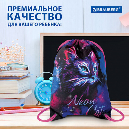 Мешок для обуви BRAUBERG PREMIUM, карман, подкладка, светоотражайка, 43х33 см, "Неоновый кот", 271621