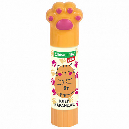 Клей-карандаш "Лапки" Cat Paw, 9 г, фигурный колпачок, BRAUBERG KIDS, 271981