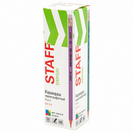 Карандаш чернографитный с ластиком STAFF EVERYDAY BLP-CLR, 1 шт., НВ, цвет корпуса ассорти, 182117