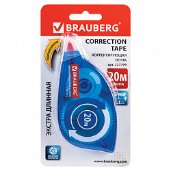 Корректирующая лента BRAUBERG, 5 мм х 20 м, корпус синий, механизм перемотки, блистер, 227799