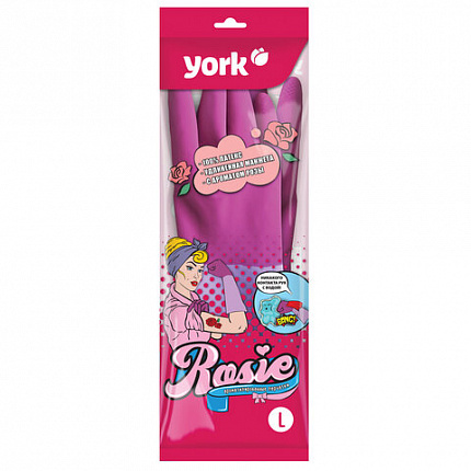 Перчатки МНОГОРАЗОВЫЕ резиновые YORK "Роза", хлопчатобумажное напыление, ПРОЧНЫЕ, размер 8-9, L (большой), розовые, вес 75 г, 92680