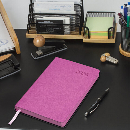 Ежедневник датированный 2026 А5 138x213 мм, BRAUBERG "Stylish", под кожу, гибкий, розовый, 117099