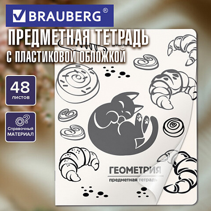 Тетрадь предметная КОТ-НЕПОСЕДА 48л, пластиковая обложка, ГЕОМЕТРИЯ, клетка, подсказ, BRAUBERG, 405532
